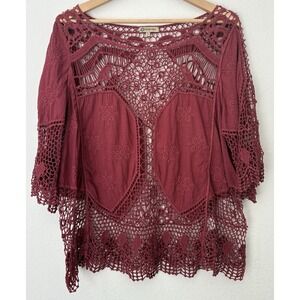 Democracy Crochet Embroidered Burgundy Blouse XL Boho Cottagecore Prairie Folk